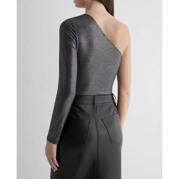 Express Women's Body Contour Bodysuit Size XL Shine One Shoulder Long Sleeve NWT - Picture 2 of 16